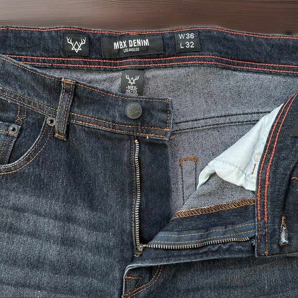 MBX Denim Men's Slim Straight Stretch Jeans Dark Wash Blue measure 38x31 NWT $58 - Picture 3 of 6